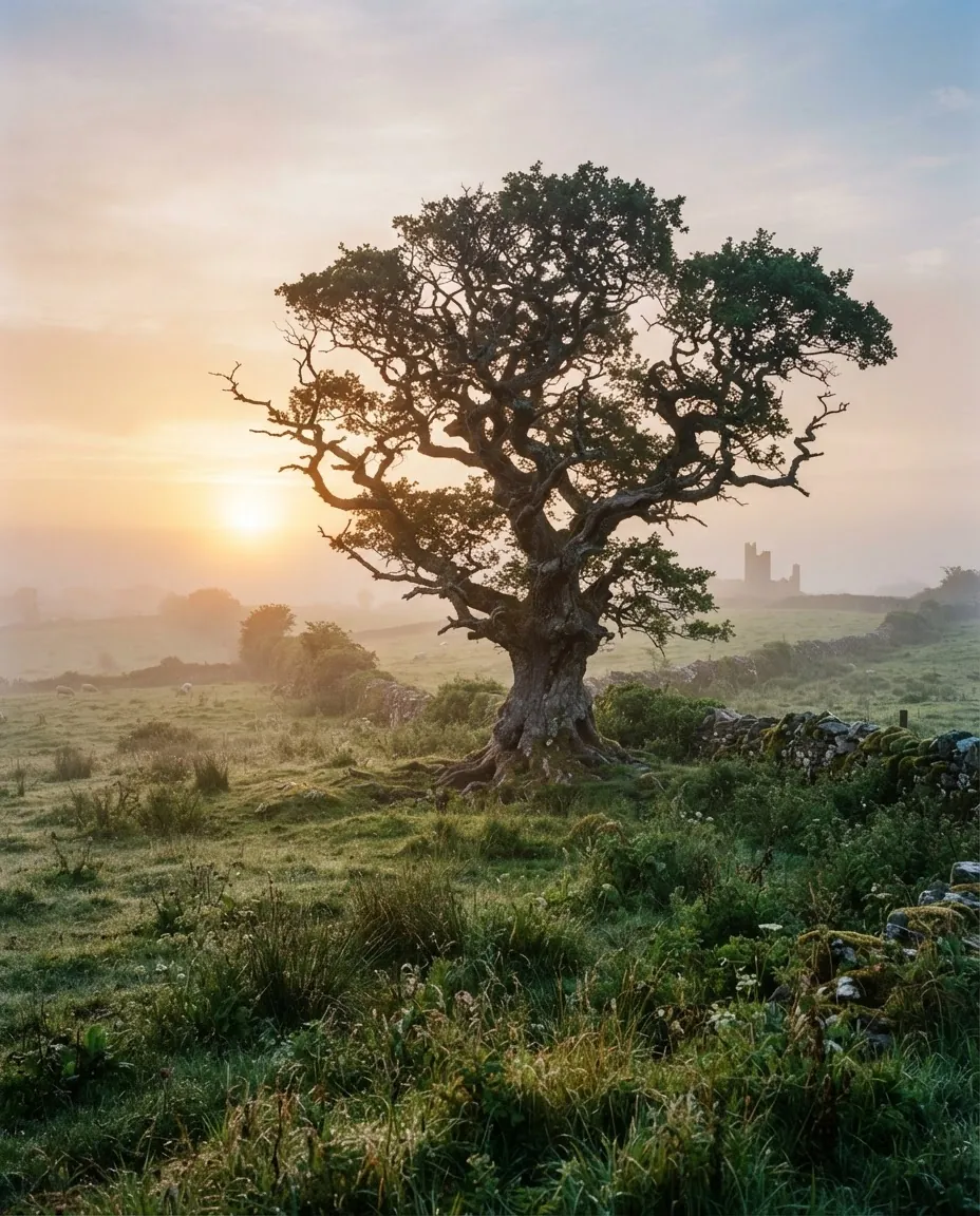 An ancient oak tree in an Irish field at sunrise